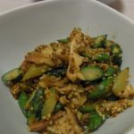 活北寄とアスパラのごまガーリックバター炒め・切り昆布と豚の花椒煮・新ごぼじゃがと青ねぎの味噌マヨサラダ