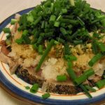 かつおのたたき香味鬼おろしぽん酢・かつおのなめろう揚げ包み焼き・バラ大根の甘辛煮