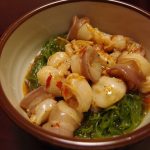 水だこの湯霜とめかぶのピリ辛ぽん酢・庄内あさつきと鶏そぼろの卵味噌