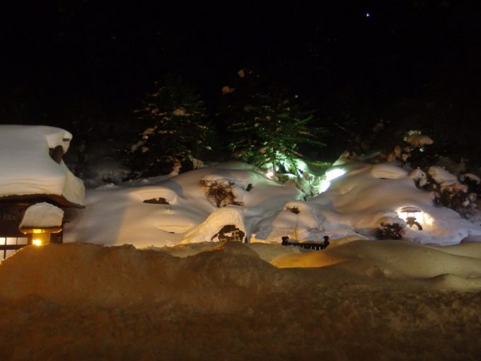 夜の闇に包まれた冬の玉子湯庭園
