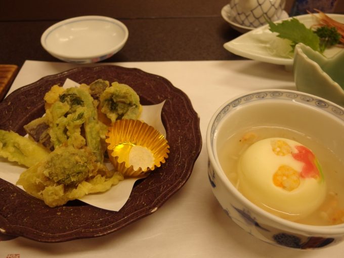 高湯温泉旅館玉子湯海老饅頭と山菜天ぷら
