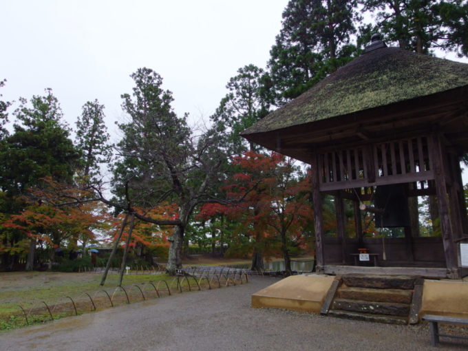 秋の平泉毛越寺茅葺の鐘楼を染める色付く木々