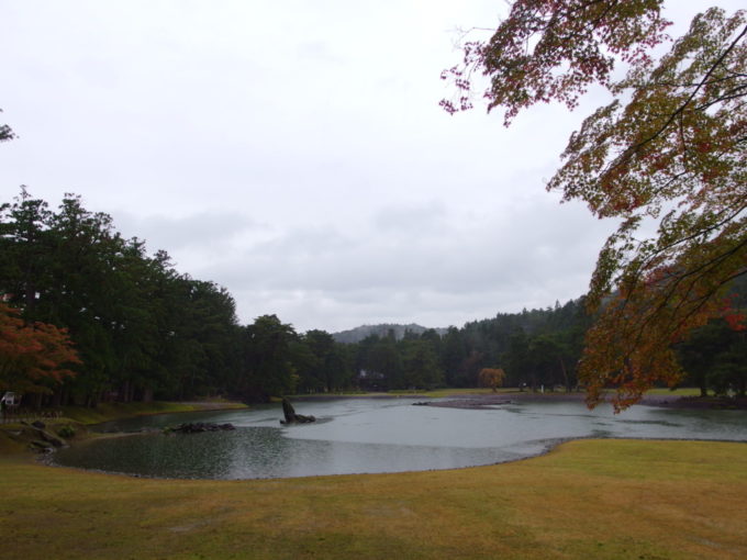 秋の平泉毛越寺大泉が池に枝を伸ばす立派な紅葉