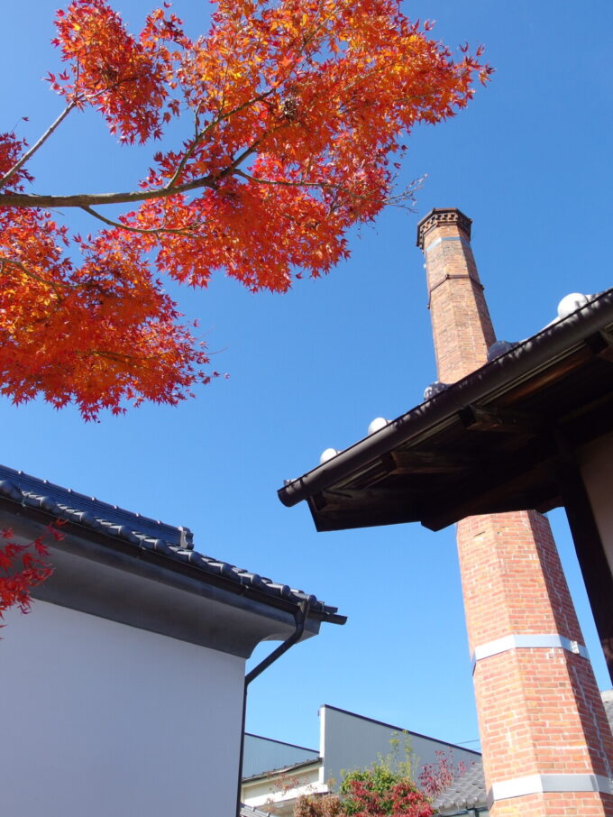 11月中旬の小布施レンガ造りの煙突と紅葉の競演
