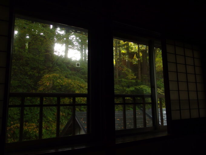 10月下旬秋の大沢温泉湯治屋いつしか雨は上がり木々の隙間から漏れる陽射し