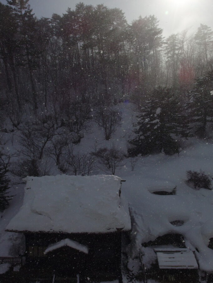 2月中旬冬の高湯温泉旅館玉子湯太陽を霞ませる雪と湯小屋