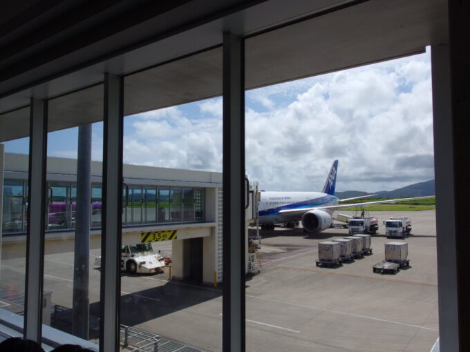 6月中旬梅雨明け直後の石垣島南ぬ島石垣空港搭乗するANA787型機