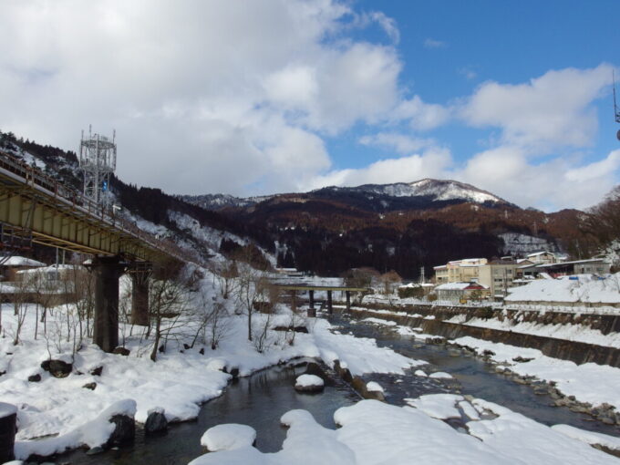 2月上旬姫川温泉湯の宿朝日荘大所川と姫川の合流点から下流を望む