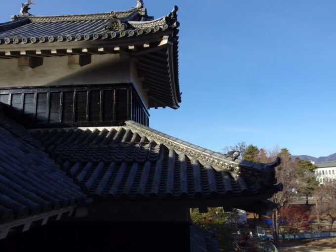 2月上旬冬晴れの松本城武者窓から望む乾小天守と仲睦まじい鳩