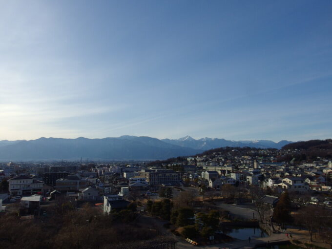 2月上旬冬晴れの松本城天守閣最上階から望む白銀の山並み
