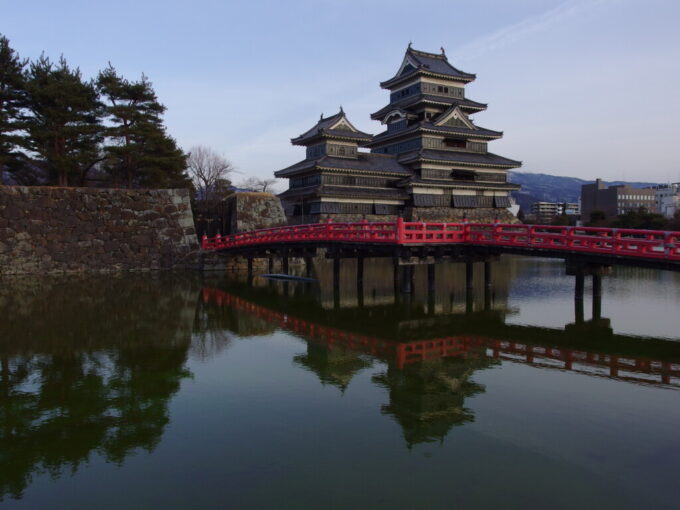 2月上旬冬晴れの松本城赤い欄干の埋橋と黒い天守閣との対比