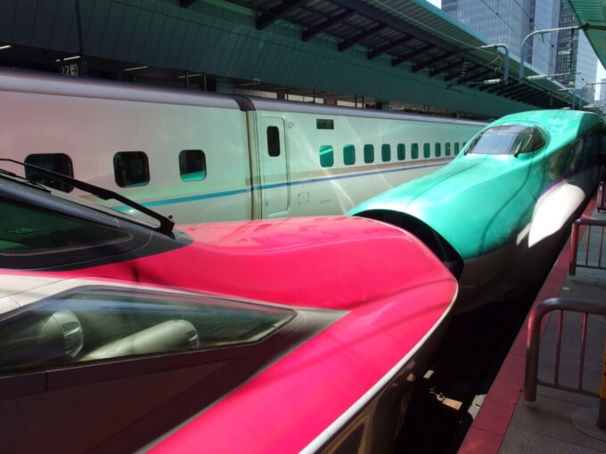 8月上旬酷暑の東京駅東北新幹線ホームH5系はやぶさ号とE6系こまち号の連結部