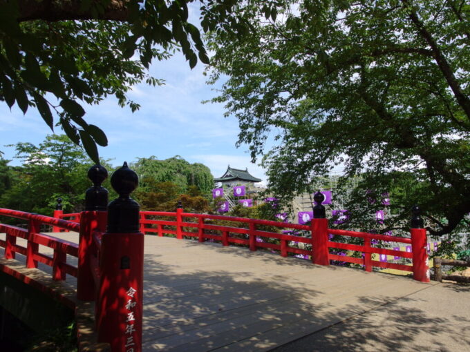 8月上旬夏真っ盛りの弘前公園下乗橋と修復中の弘前城石垣、曳屋された天守閣