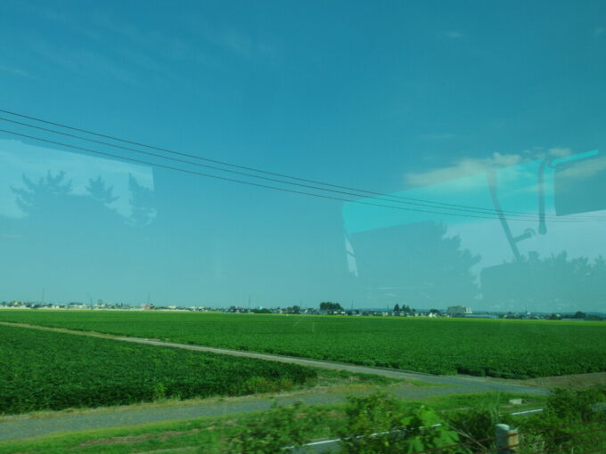 8月上旬夏真っ盛りの弘南バスキャッスル号仙台行き車窓に広がる枝豆畑の濃い緑