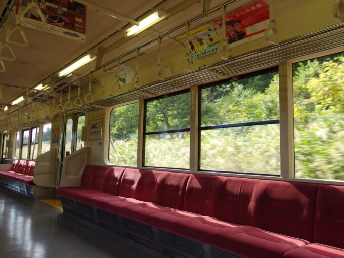 10月中旬初秋の奥羽本線山形線大きな701系車窓を染める銀色のすすき