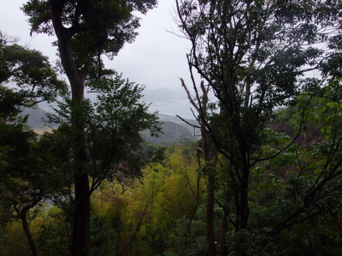 11月上旬雨の鋸山日本寺ロープウェーからの下山ルート不動滝の先から見えた保田の海岸