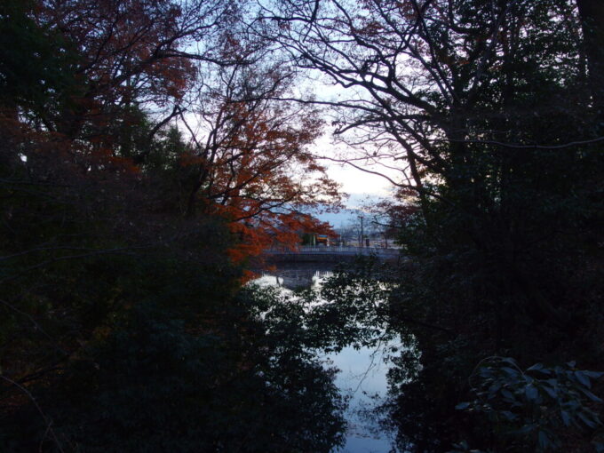 12月中旬初冬の甲府夕刻の武田神社西曲輪のお堀から夕刻の甲府盆地を望む