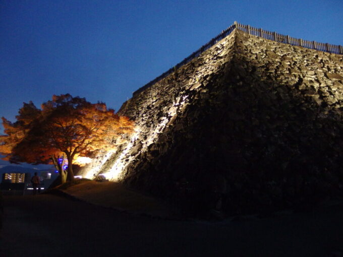 12月中旬初冬の甲府夕暮れの舞鶴城野面積みの荒々しく勇ましい天守台の石垣