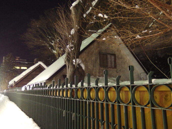 1月中旬冬の北海道大雪の後の札幌夜の静まり返った北海道大学植物園沿いを歩く