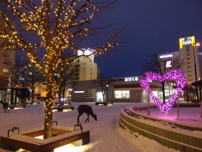 1月中旬冬の初十勝帯広駅夕暮れ時のイルミネーションに輝く帯広駅バスターミナルおびくる