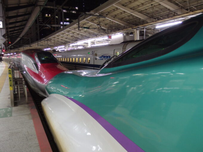 2月中旬夜の東京駅に到着したH5系はやぶさ号とE6系こまち号