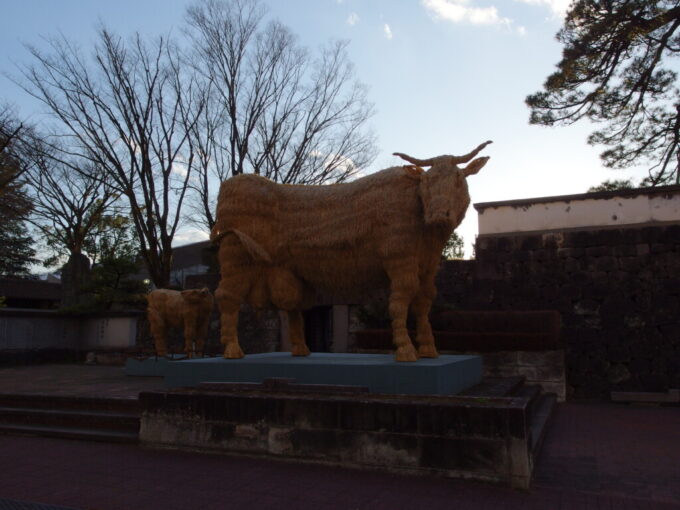 3月中旬春まだ浅い上州群馬高崎城址の藁でできた巨大な牛