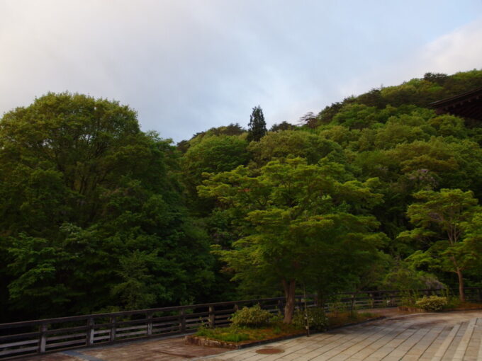 5月上旬曇天の花巻南温泉峡山の神温泉優香苑客室から望む豊沢川沿いの豊かな新緑