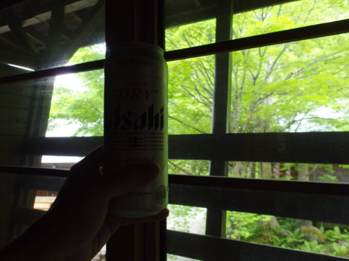 5月上旬関東最後の秘湯の異名を持つ奥鬼怒温泉郷八丁の湯湯上りに鮮緑を愛でつつ飲む冷たいビール