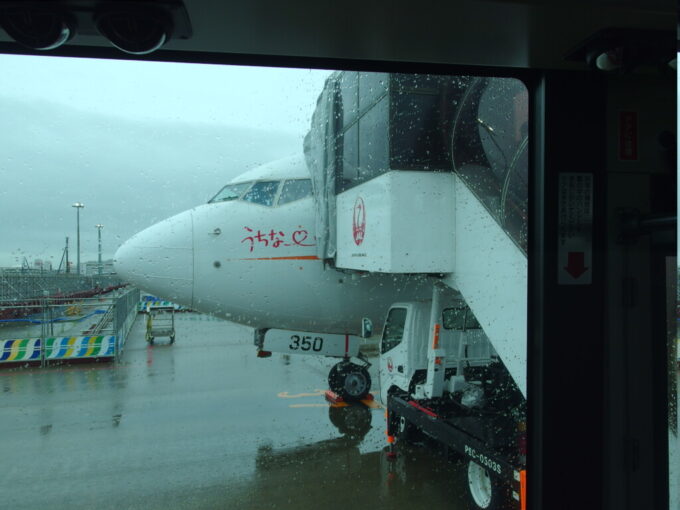 6月下旬雨の羽田空港第1ターミナルビルランプバス車内から望むうちなーの翼JTA日本トランスオーシャン航空B737型機石垣空港行き