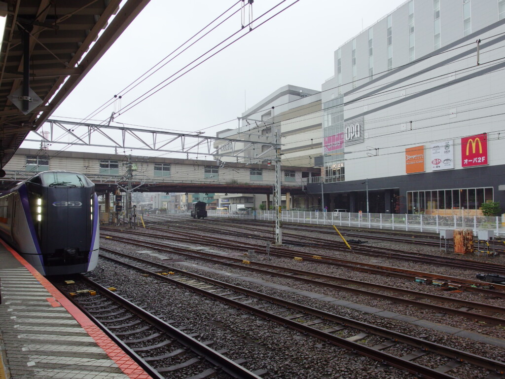 10月下旬雨の八王子駅に入線するE353系中央本線特別急行かいじ号甲府行き