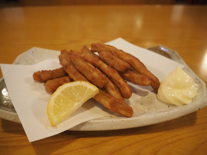 2月上旬厳冬期の花巻南温泉峡大沢温泉湯治屋食事処やはぎごぼうカリカリ揚げ