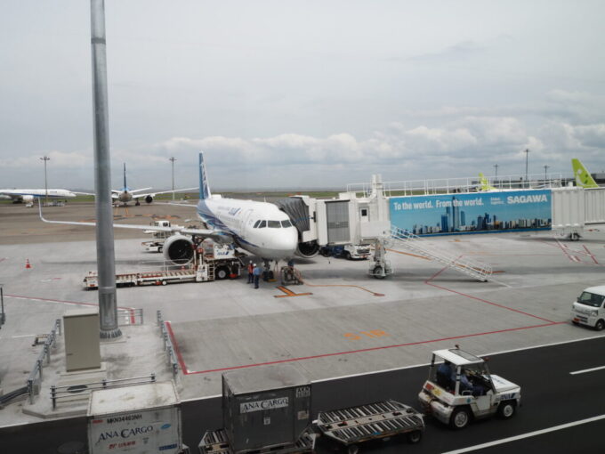 5月中旬羽田空港第2ターミナルに駐機中のANAA320高松空港行き