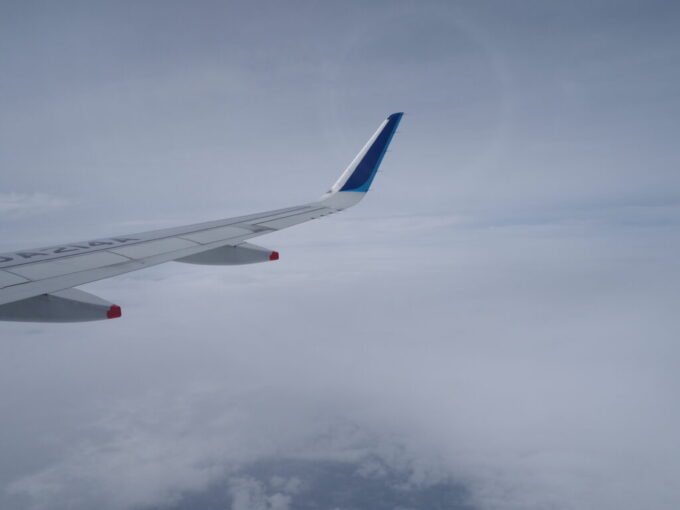 5月中旬薄い雲の中を飛行するANA高松空港行きA320型機