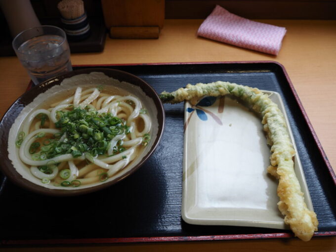 5月中旬の高松駅の目の前に位置するさぬきうどんめりけんやかけうどんとさぬきのめざめの天ぷら