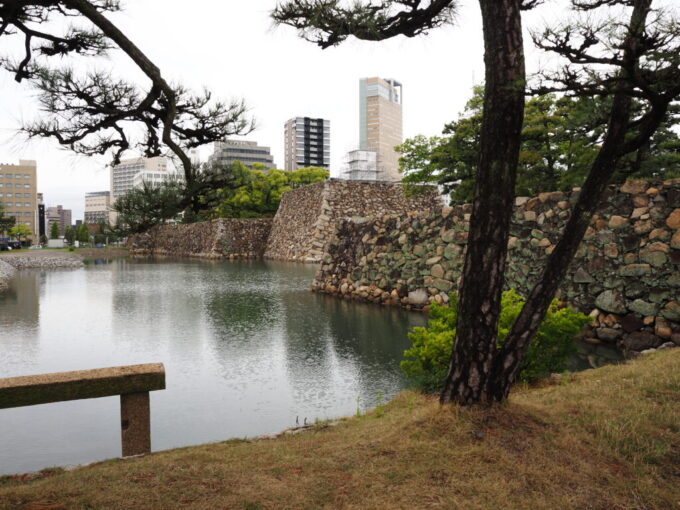 5月中旬の高松城跡玉藻公園桜の馬場から望む本丸の重厚な石垣