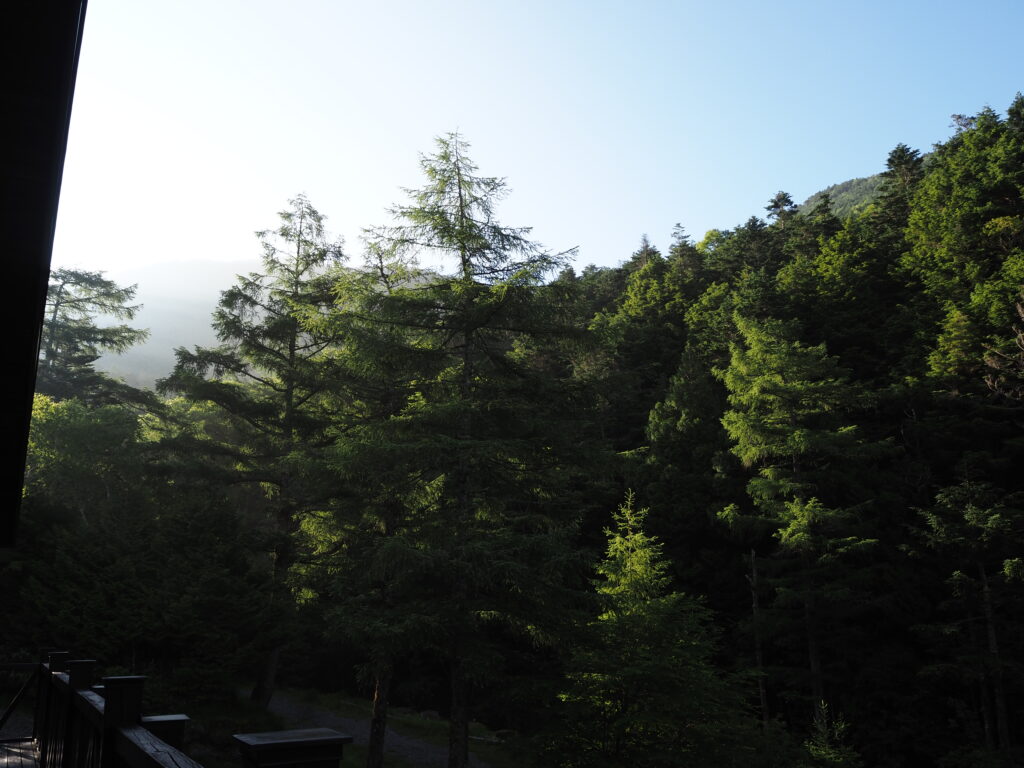 7月上旬信州茅野八ヶ岳天狗岳登山口唐沢鉱泉標高1,870mで迎える爽快な朝