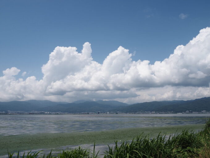 7月上旬信州諏訪湖畔から望む蒼い山並み