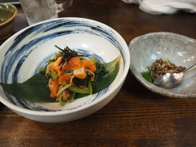 9月下旬涼やかな信州松本駅前に位置するそば居酒屋和利館信州サーモンと野沢菜わさび和えと蜂の子佃煮