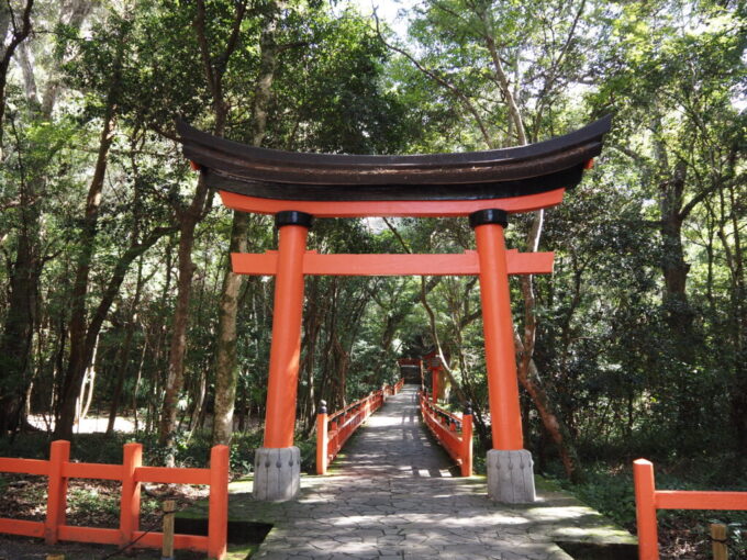 10月下旬秋晴れの宇佐神宮下宮から上宮へと向かう参道の鳥居