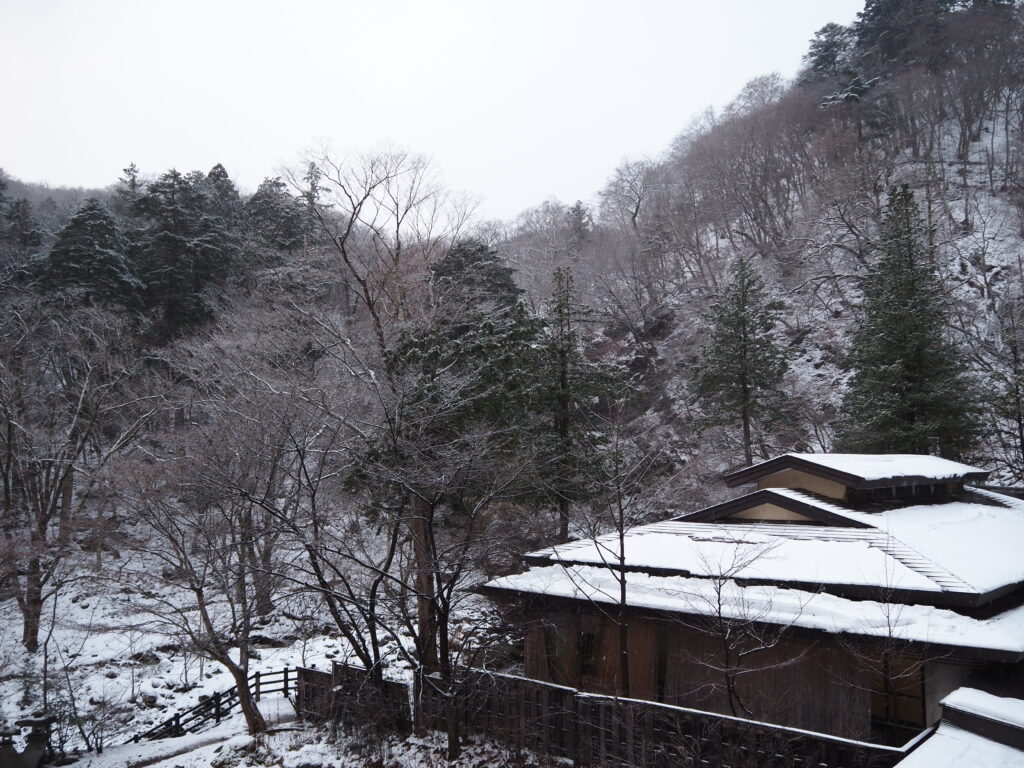 12月中旬塩原温泉郷元湯温泉秘湯元泉館で迎える雪の朝