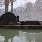 12月中旬塩原温泉郷元湯温泉秘湯元泉館湯に煙る誰もいない高尾の湯うぐいす色のにごり湯に浸かり眺める雪景色