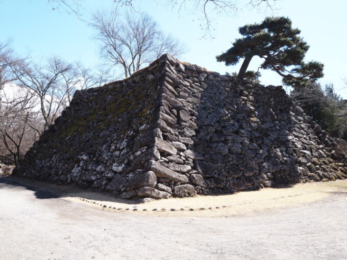 3月上旬初めての小諸小諸城址懐古園敢えて湾曲させることで崩れにくくした天守台の野面積みの石垣
