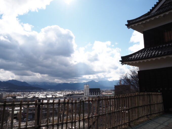 3月上旬初めての上田城跡西櫓から眺めるうつくしい信州の山並み
