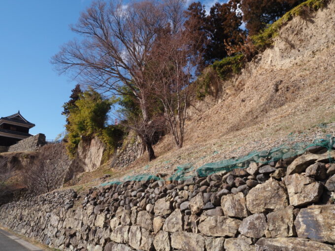 3月上旬初めての上田城跡芝生広場側には石垣と天然の岩盤が巧みに組み合わされた光景が