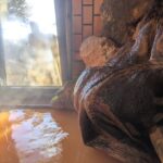 3月上旬晴れ空の小諸天狗温泉浅間山荘赤銅色の濃厚な鉄泉と析出物がたっぷりと付着した湯口