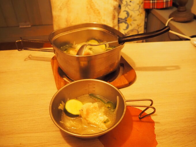 4月中旬那須温泉グランピングNenn（ネン）1泊目夕食カサゴのアクアパッツァ