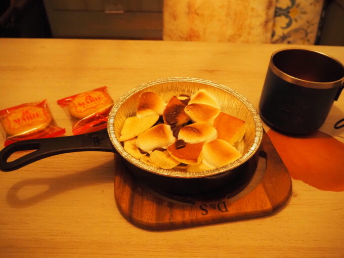 4月中旬那須温泉グランピングNenn（ネン）1泊目夕食デザートにバナナとパンケーキ入りのスモア