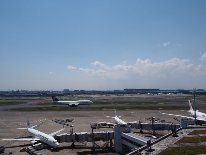 5月中旬羽田空港第1ターミナル展望デッキから望むJAL機とルフトハンザのB747ジャンボジェット