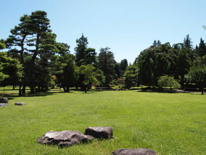 8月上旬夏の東北旅弘前藤田記念庭園池泉回遊式庭園の低地部のうつくしい芝生